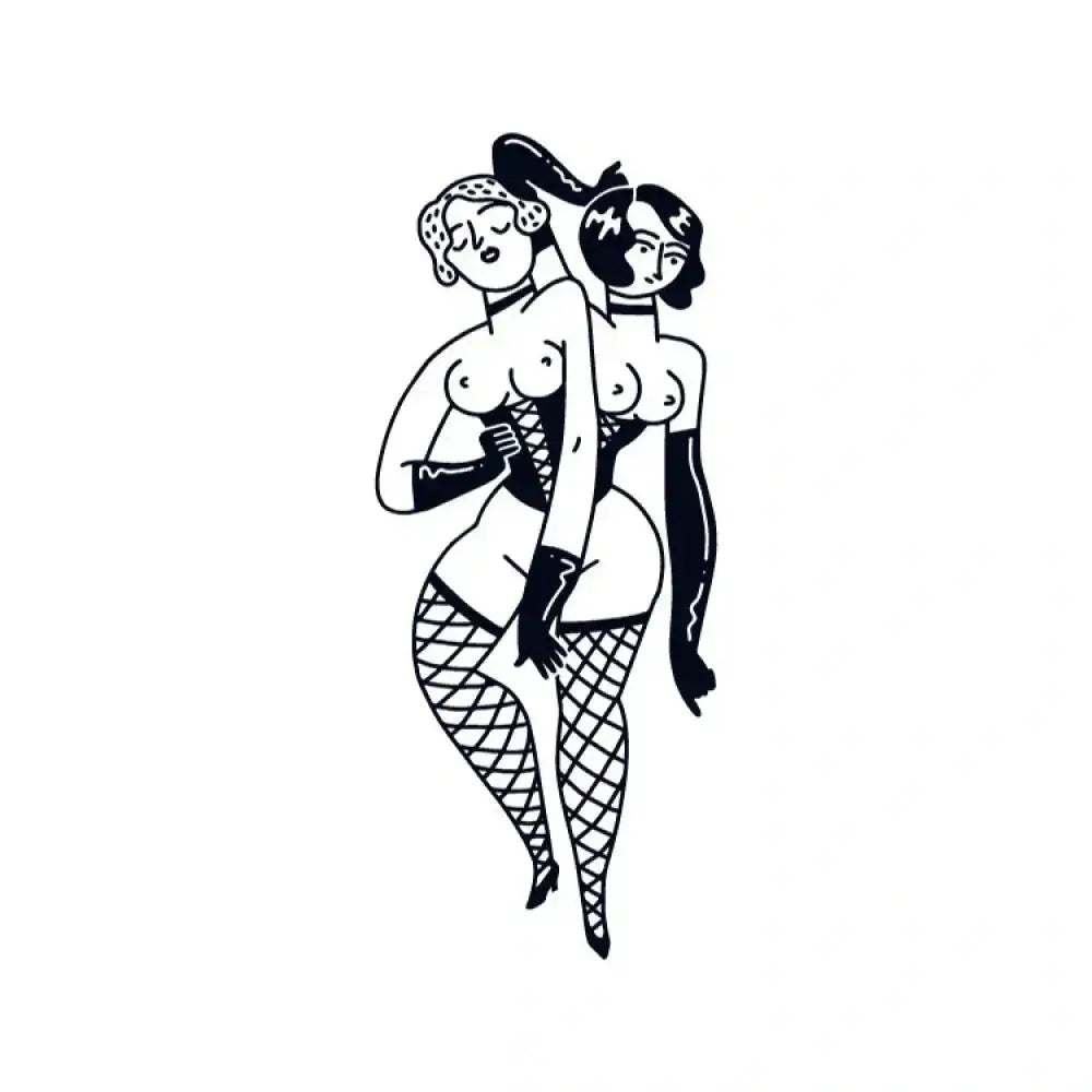 Black and white line drawing of two women in corsets and fishnet stockings from Penthouse Girls, suitable as a tattoo sticker