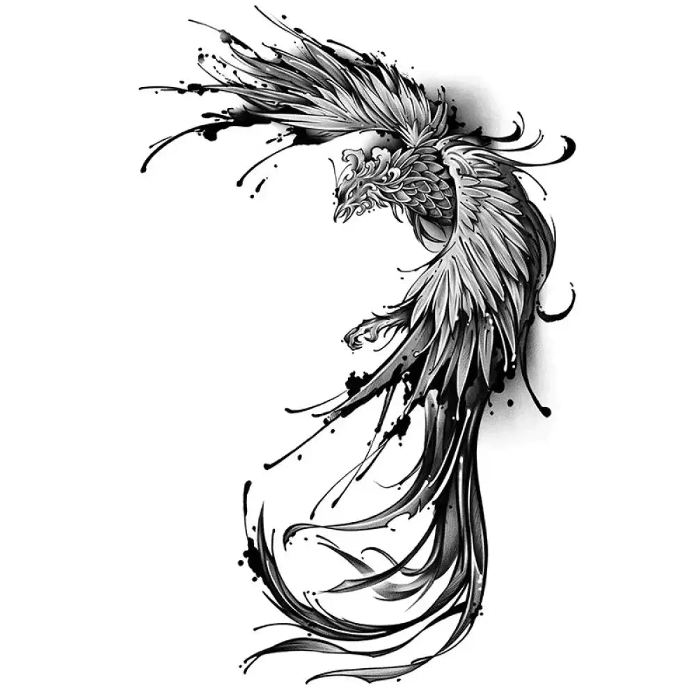 Stylized black and white phoenix flying tattoo sticker design with ink splatters