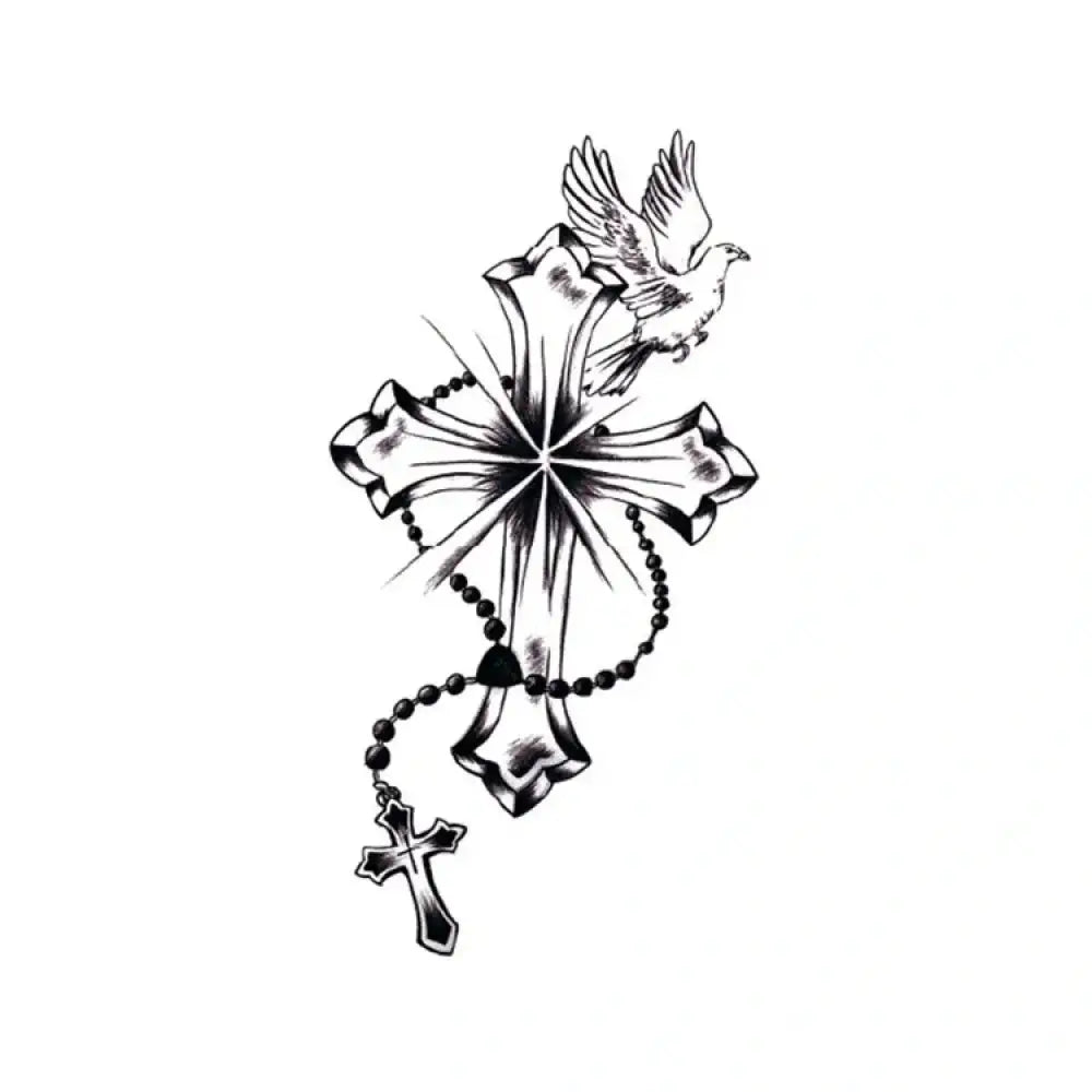 Black and white cross with rosary and dove tattoo sticker design
