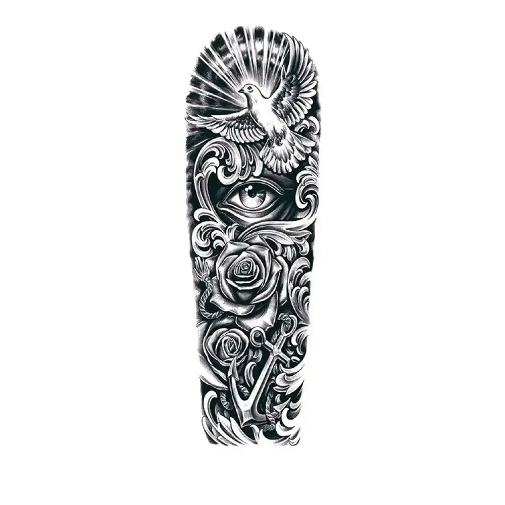 Temporary tattoo sleeve with dove, eye, roses, and anchor design