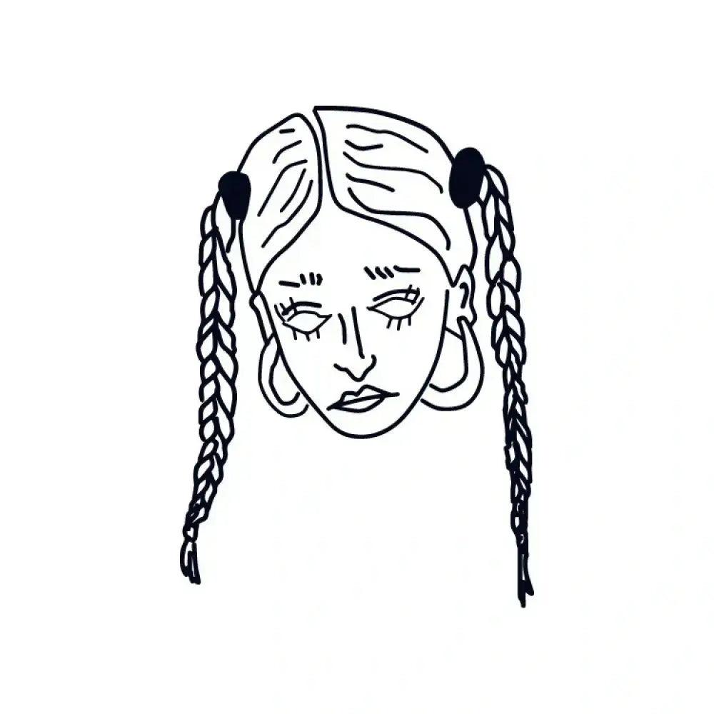 Line drawing of Pigtails Girl with braided pigtails and hoop earrings, small tattoo sticker
