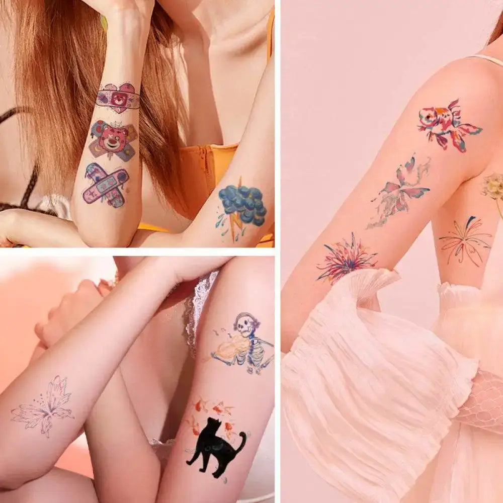 Pink floral small tattoo stickers on models arms and legs