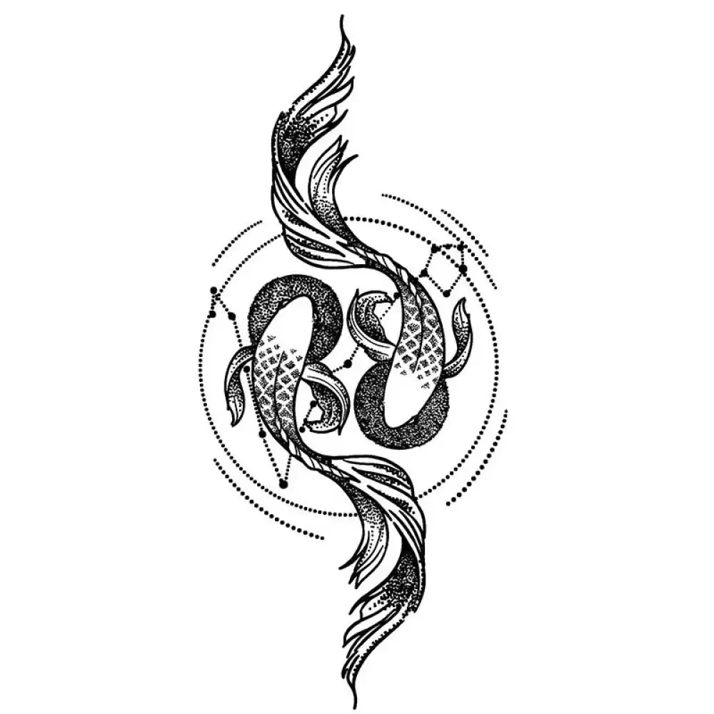 Pisces tattoo sticker with koi fish symbol in dotted circle constellations