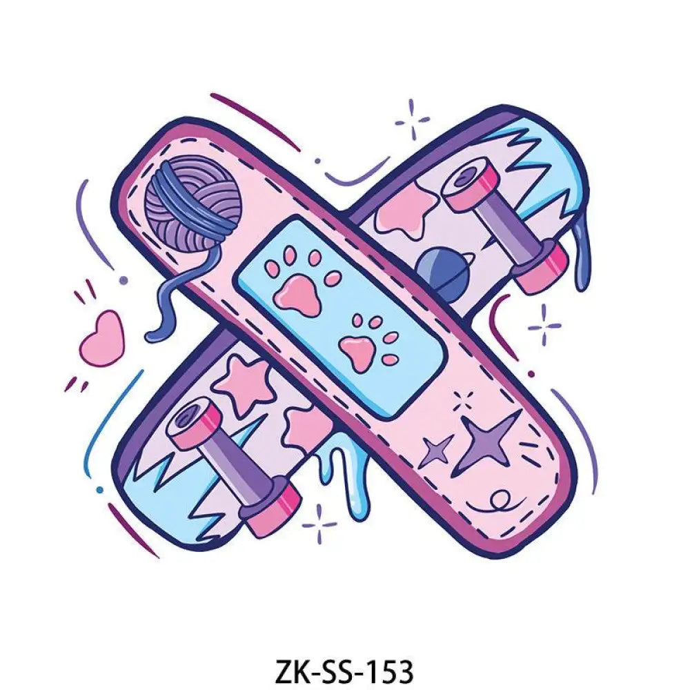 Plum Floral tattoo sticker featuring crossed skateboards with pastel decorations and paw print bandage