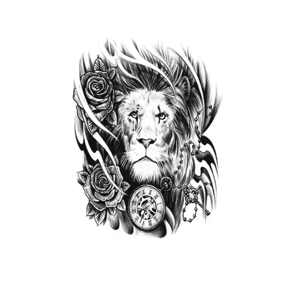 Monochrome lion head tattoo sticker with roses, pocket watch, and rosary key