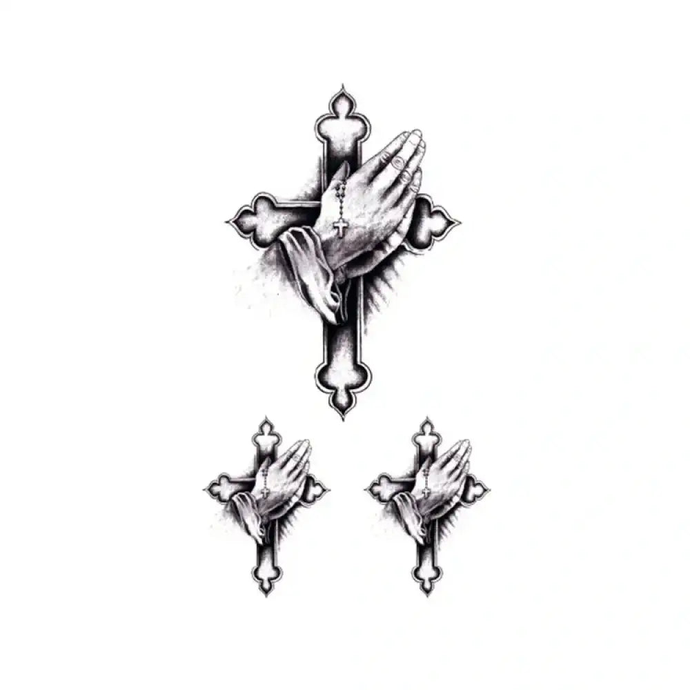 Pray 2: Three black and white small tattoo designs of praying hands with rosaries on ornate crosses