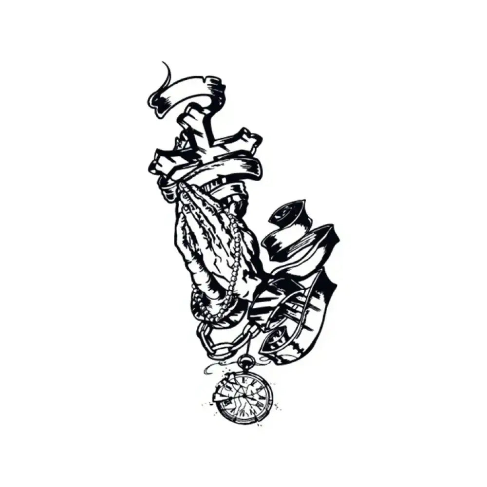 Black and white praying hands tattoo design with cross, rosary, broken watch, feathers