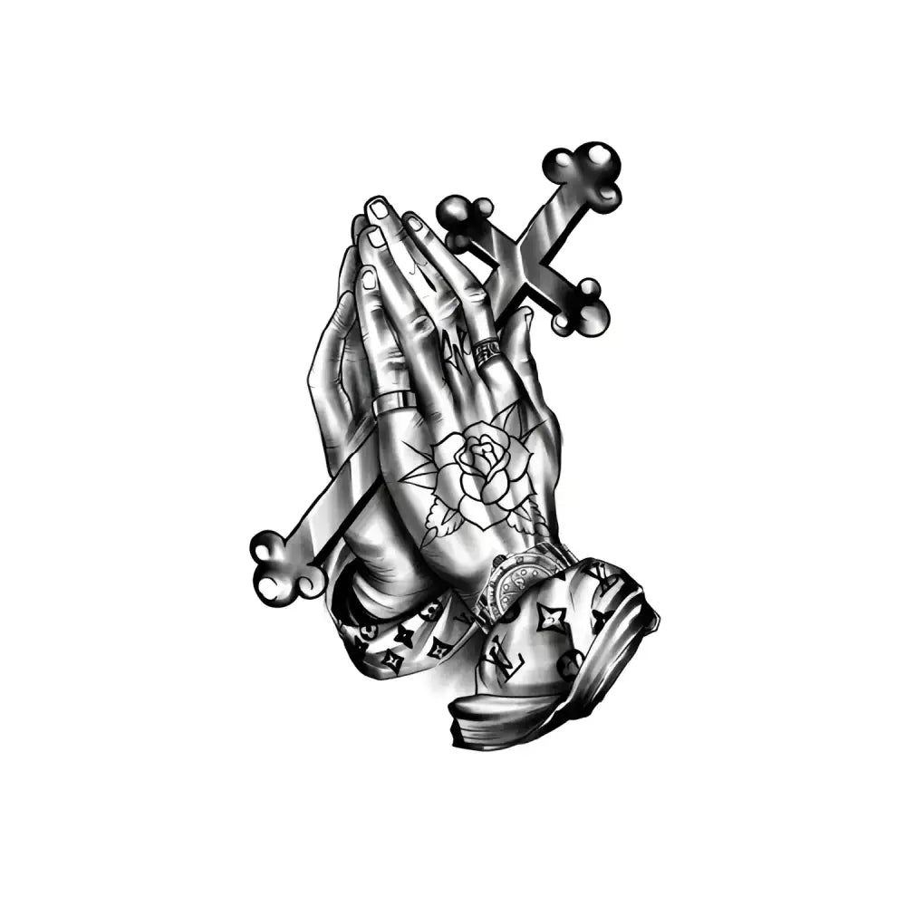 Praying hands tattoo design with cross for Pray 4 sticker