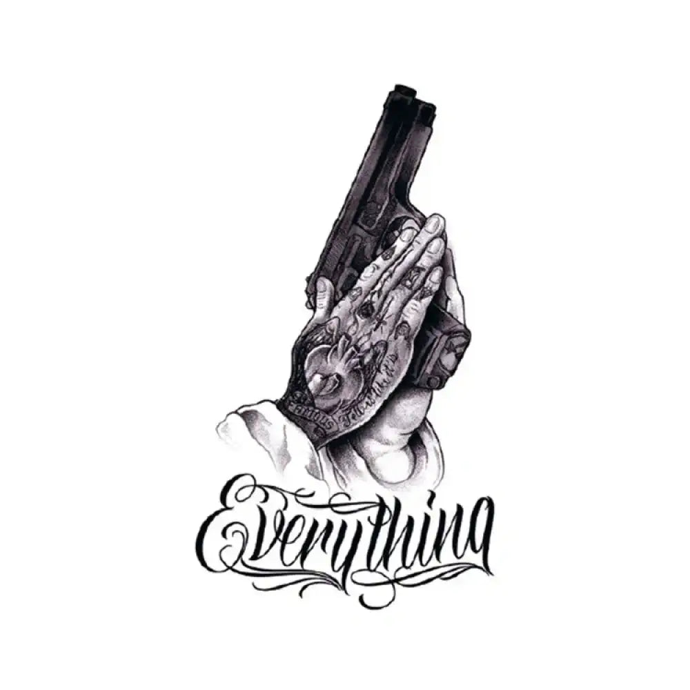 Praying hands with handgun and tattoo designs in Pray with a Gun