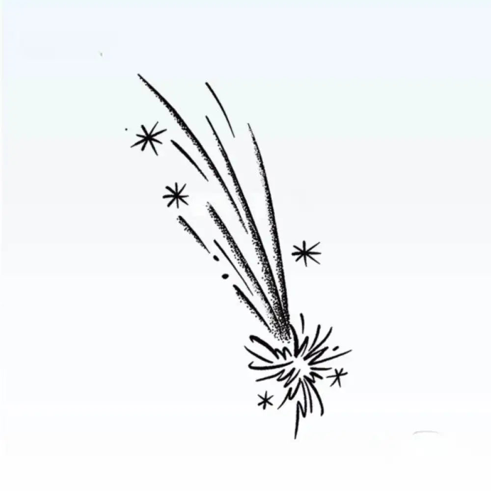 Black and white sketch of a shooting star with sparkling tail from Radiant Fireworks tattoo sticker collection