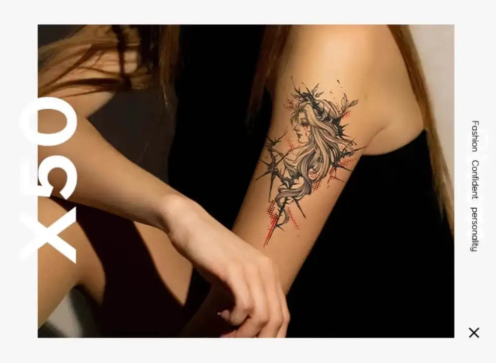 Ribbon Goddess temporary tattoo: intricate black and gray woman’s face with florals and flowing hair, collaboration edition