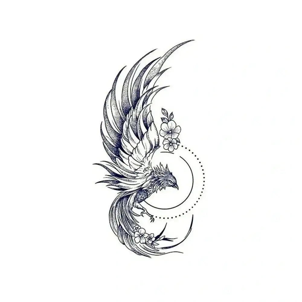 Black and white Rising Phoenix tattoo sticker with flowers and geometric shapes for small tattoos