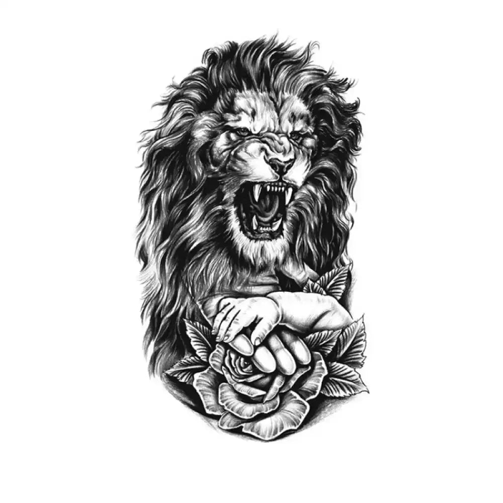 Roaring lion with babys hands holding a rose small tattoo sticker