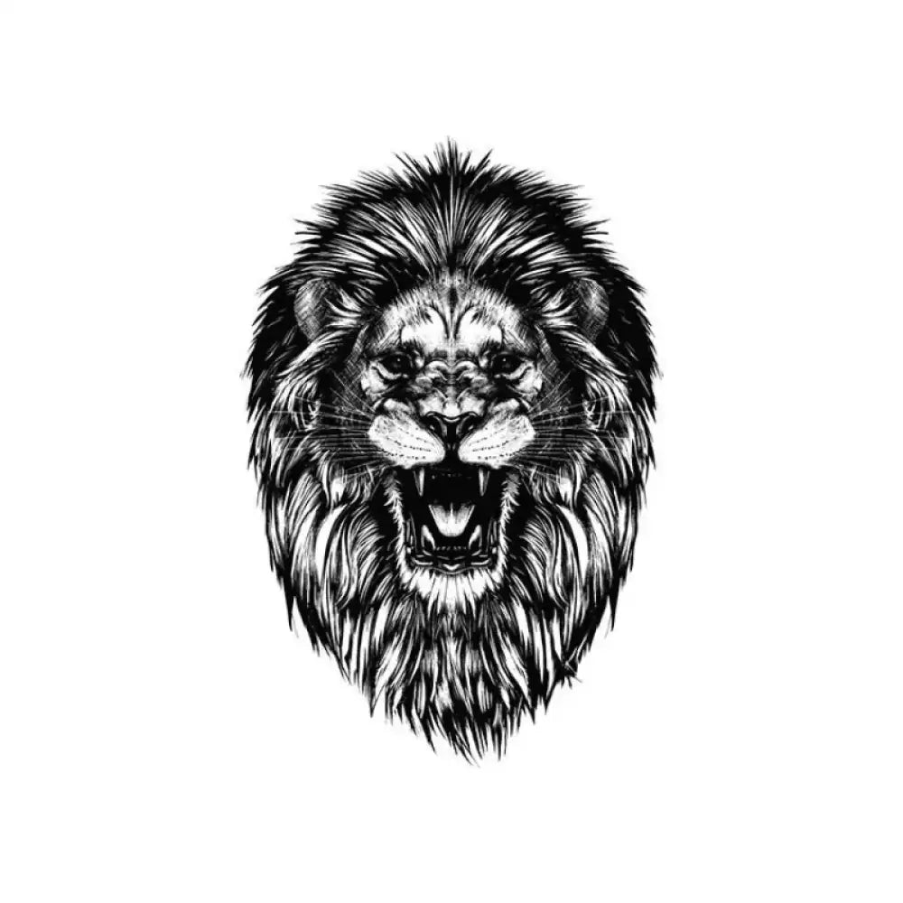 Detailed black and white ink drawing of roaring lion head tattoo sticker