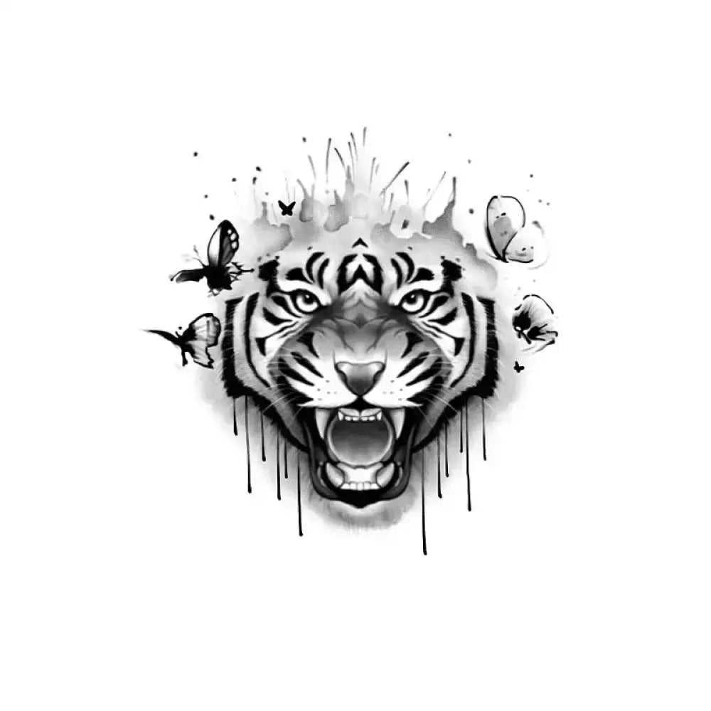 Black and white roaring tiger tattoo sticker with butterflies and dripping ink effects