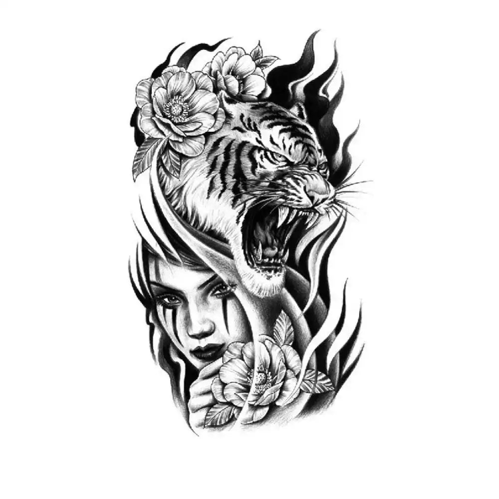 Black and white roaring tiger tattoo sticker with womans face and florals