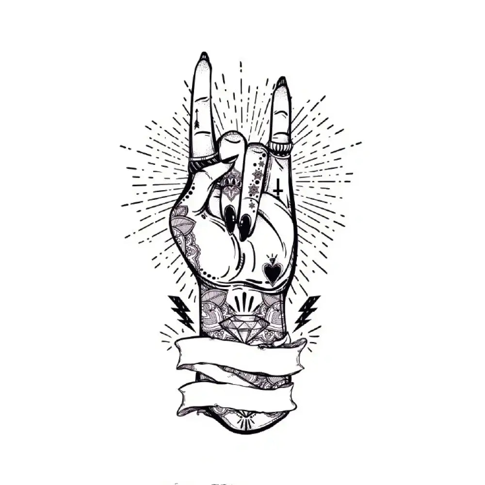 Rock On illustrated hand with rock gesture, rings, tattoos, and banners