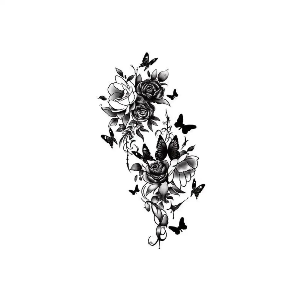 Black and white floral and butterfly tattoo sticker for small temporary tattoos, Rose 15x18cm
