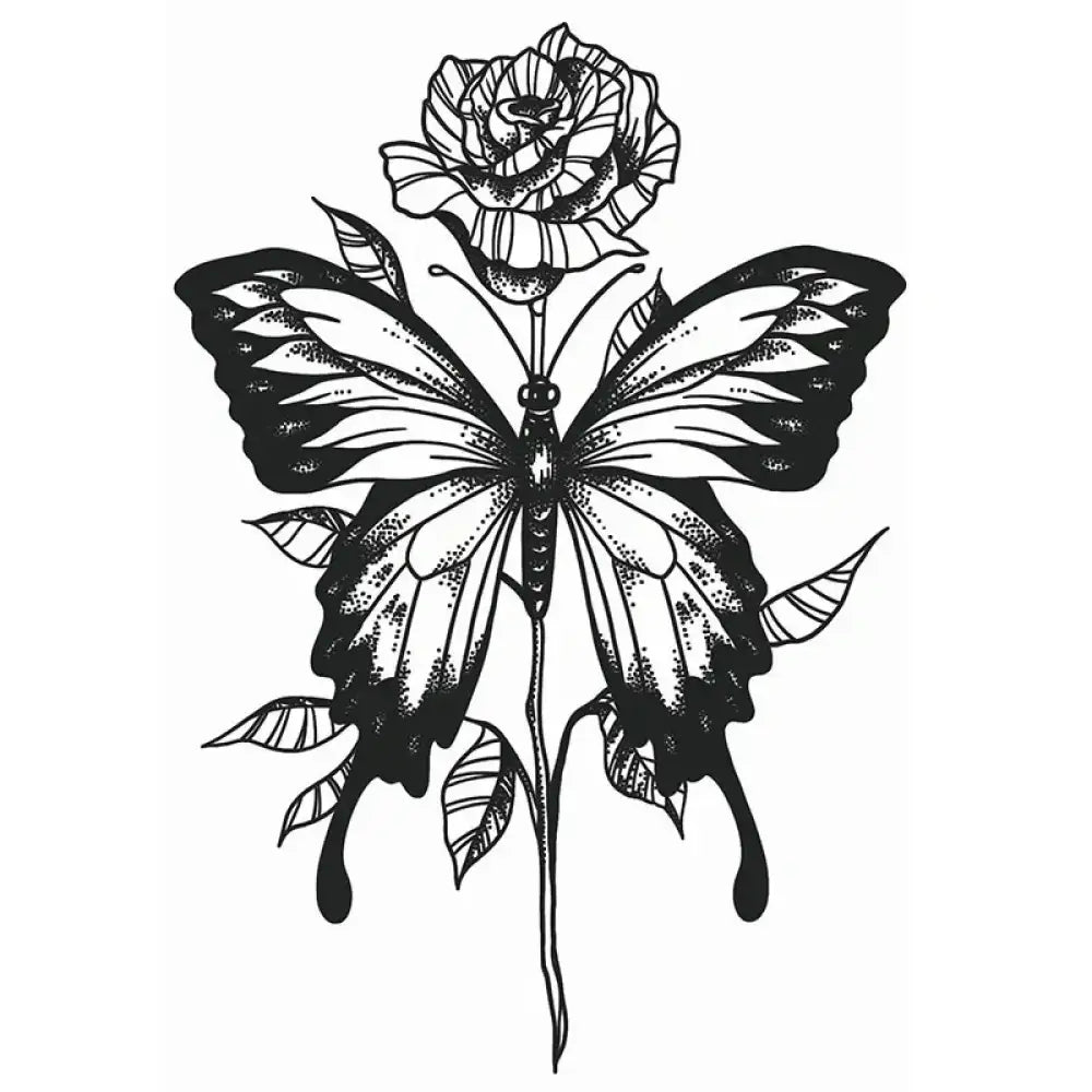 Black and white rose and butterfly tattoo sticker design