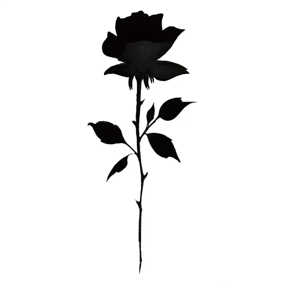 Black rose silhouette with stem and leaves, small tattoo sticker design