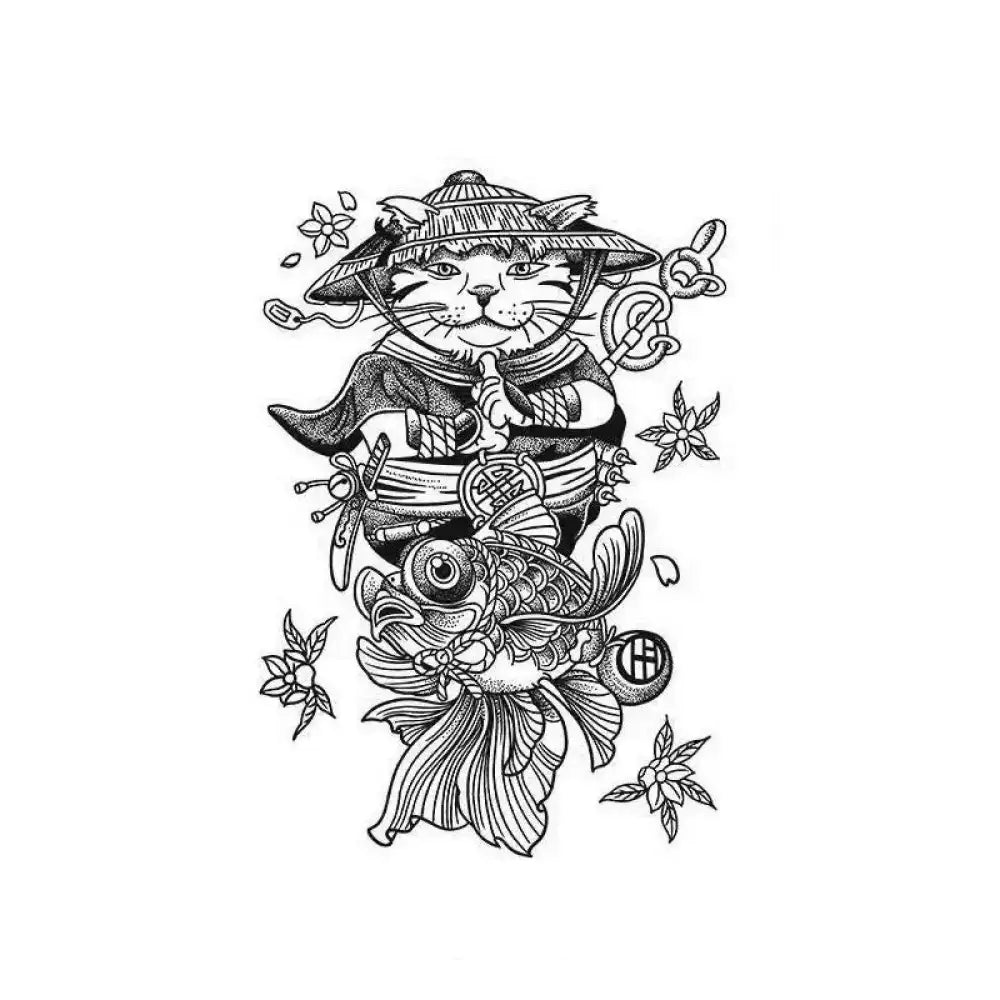 Black and white Samurai Cat and Koi tattoo sticker with detailed flowers and goldfish