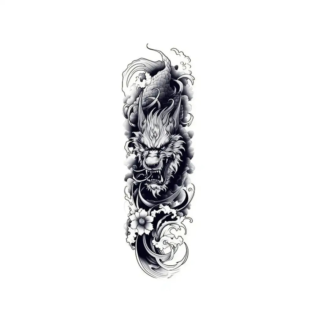 Black and white sea dragon small tattoo sticker with snarling head, koi tail, clouds, waves, flower