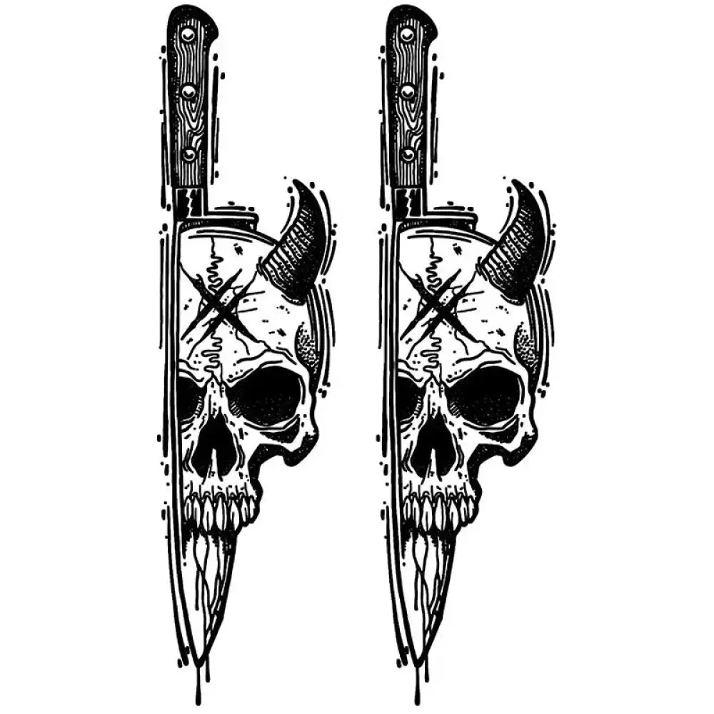 Menacing skull knife tattoo sticker with devil horns impaled by knives