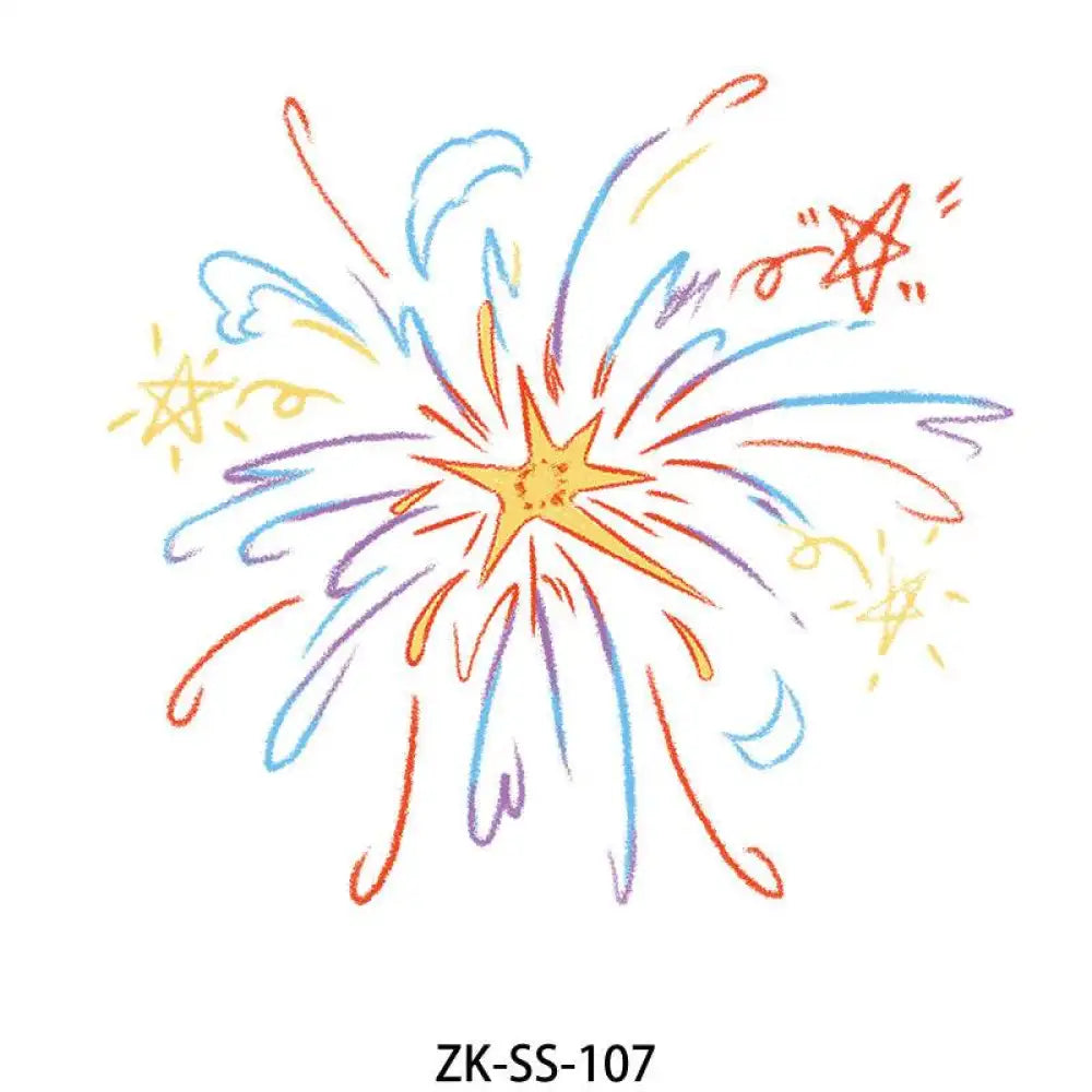 Colorful slate floral tattoo sticker with bursting fireworks and star design for small tattoos