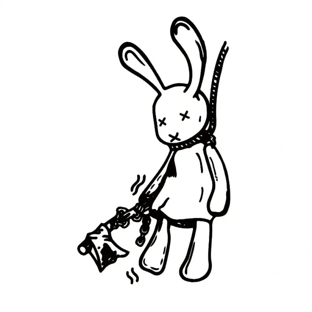 Dark-Doodle Bunny plush toy with axe and noose, distressed design