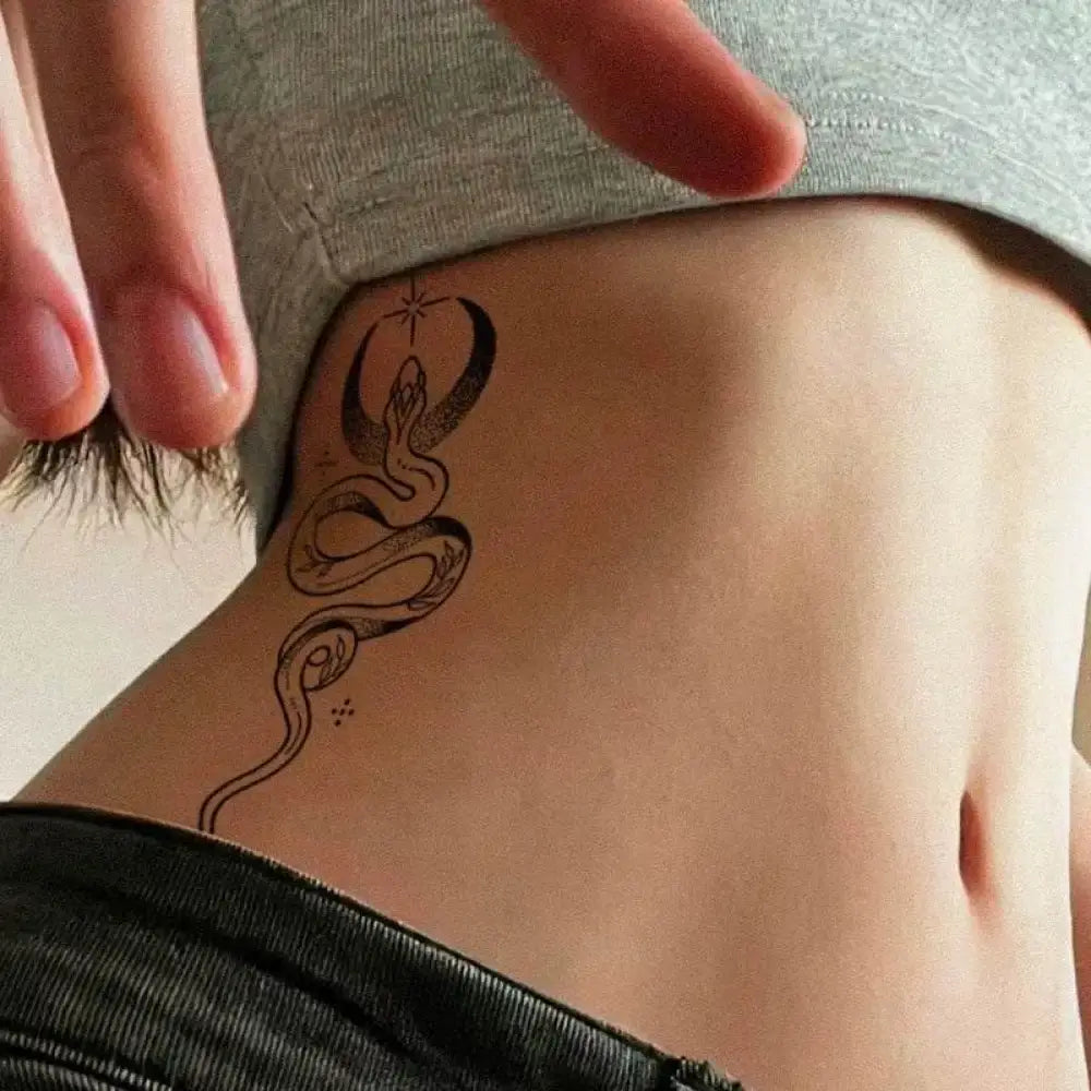 Black ink snake tattoo sticker on torso, Snake and Moon small design 15x6cm