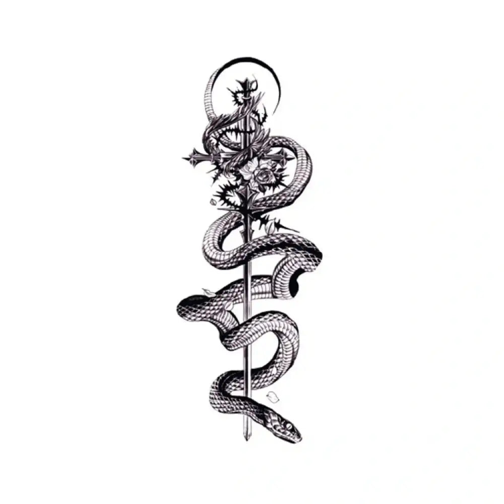 Intricate snake & sword tattoo design with rose and moon, black and white