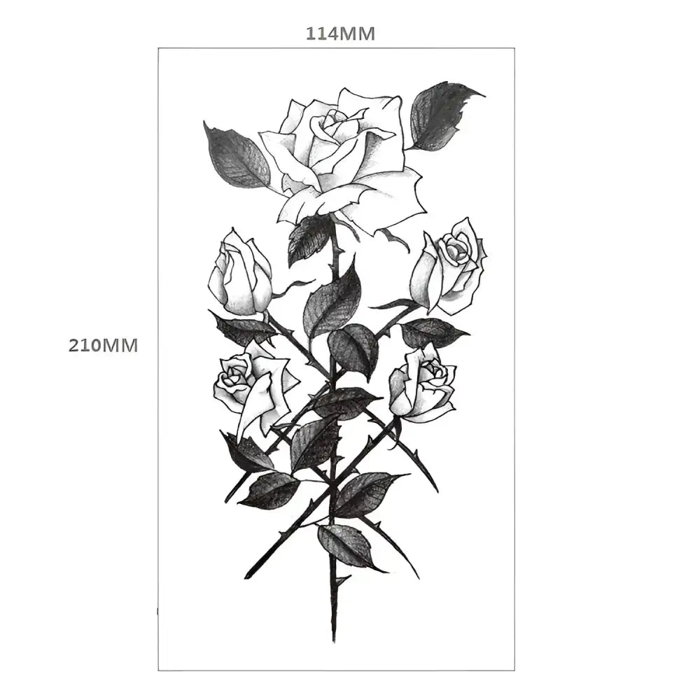 Black and white stylized rose temporary tattoo with dimensions 11.4 x 21 cm