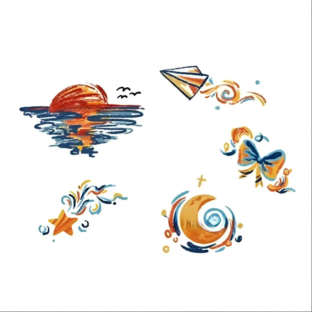 Colorful abstract tattoo sticker design featuring sunset, paper airplane, bow, star, moon