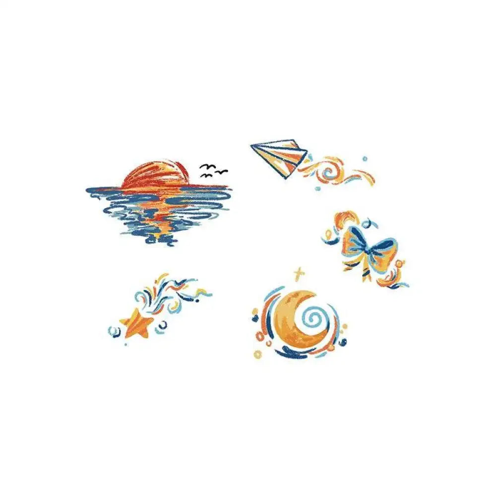 Colorful whimsical tattoo sticker set Sun kissed Whims 5x5cm with sunset and moon designs