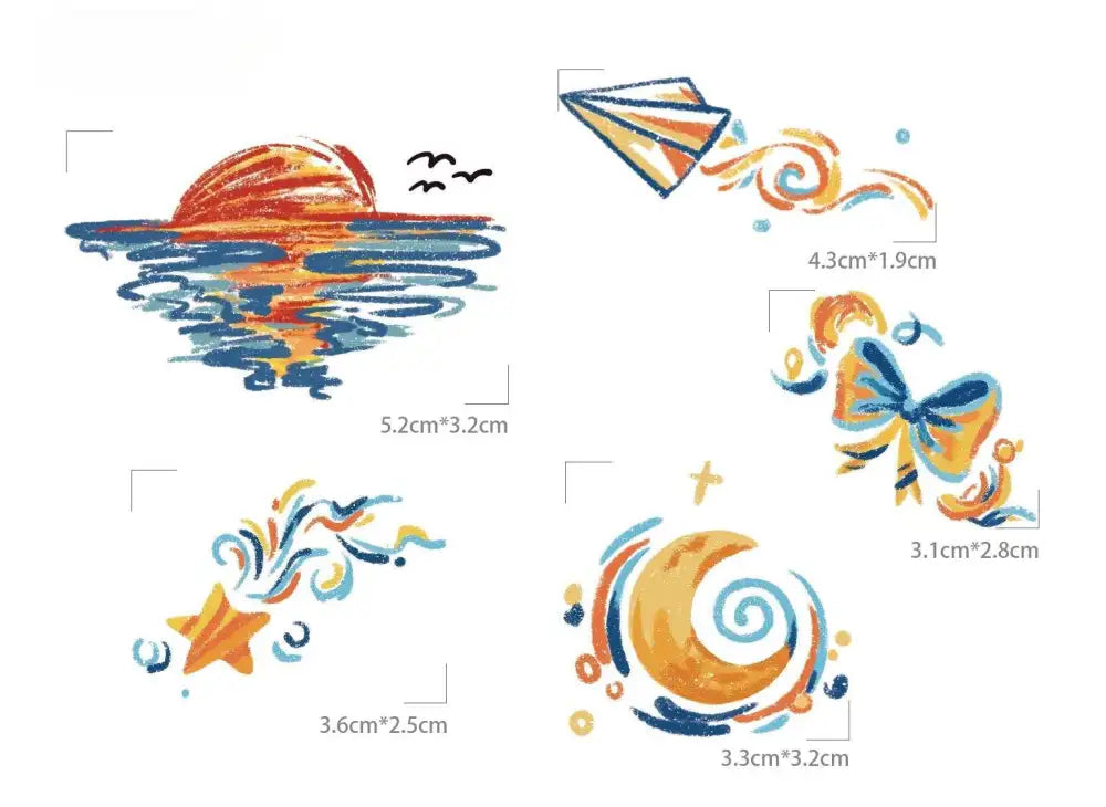 Colorful tattoo sticker set Sun kissed Whims 5x5cm with sunset, moon, star, and paper airplane