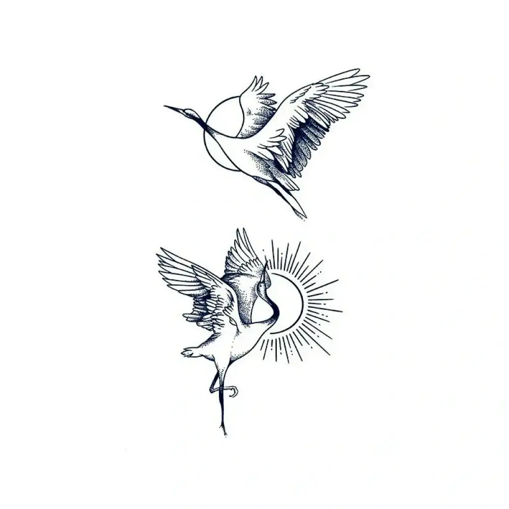 Two black and white moon cranes tattoo sticker designs for small tattoos