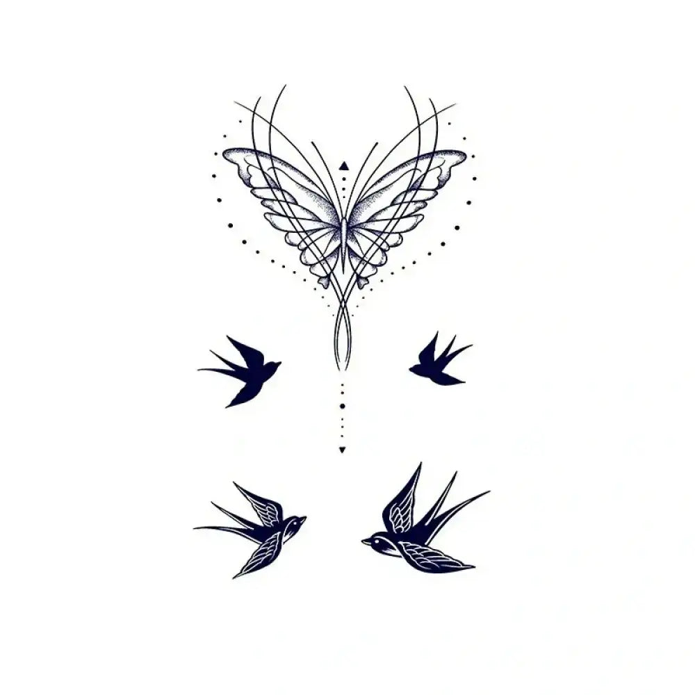 Stylized butterfly and swallows symbolic temporary tattoo set for elegant body art