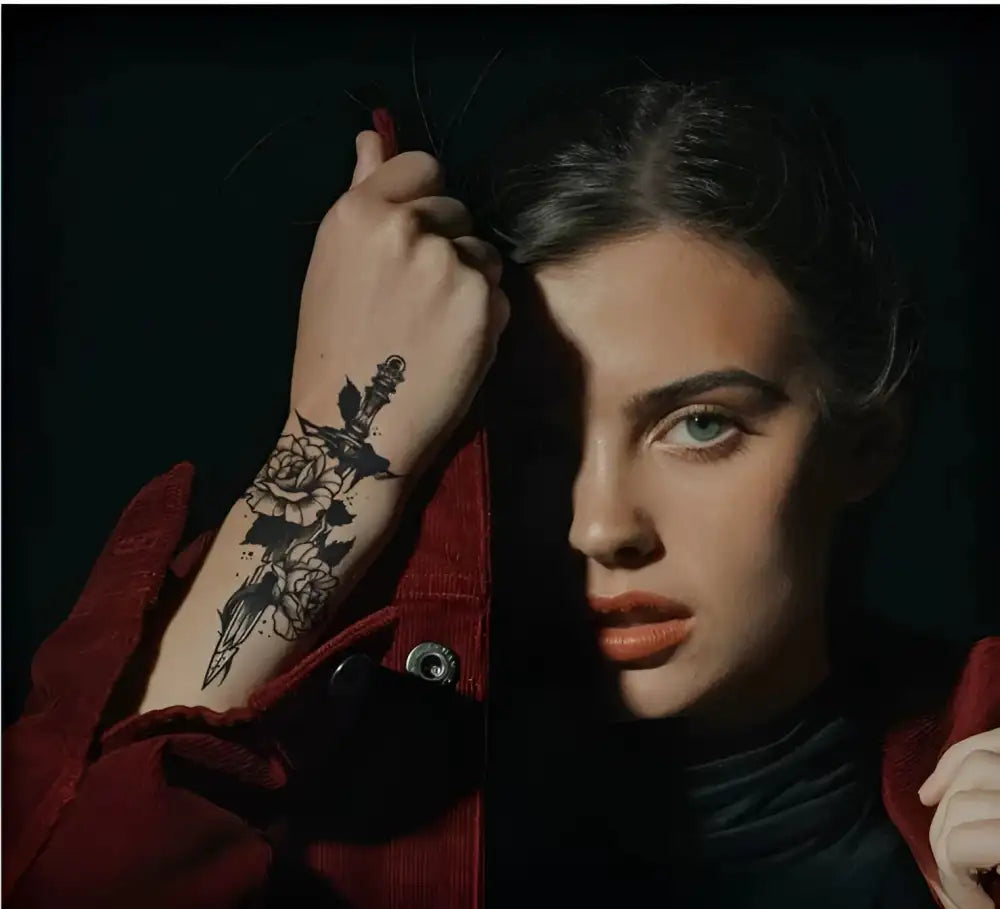 Woman with Sword Flower temporary tattoo sticker featuring realistic floral and dagger design