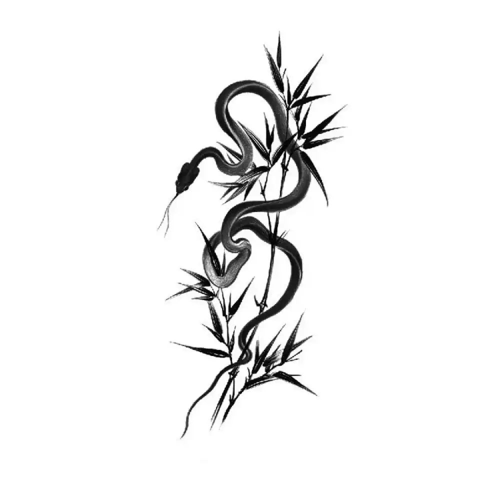 Black and white ink drawing of snake in bamboo coil tattoo sticker