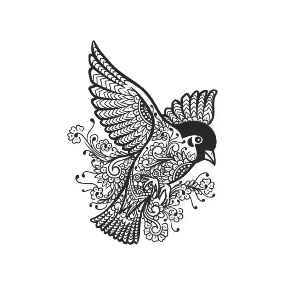 Ornate floral bird tattoo sticker with intricate black and white paisley pattern