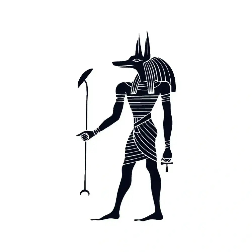 Black silhouette of Anubis hieroglyph holding staff and ankh for small tattoo sticker