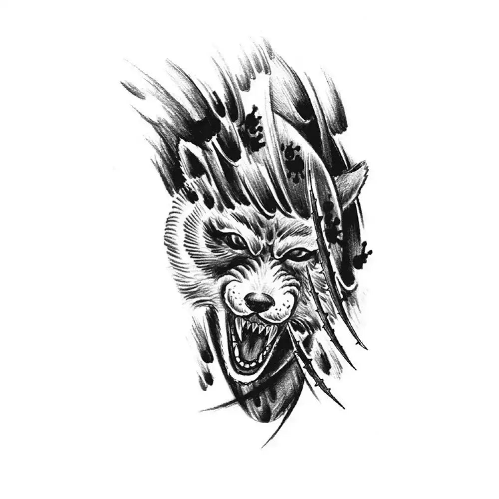 Black and white snarling bad wolf head sketch with claw rips, small tattoo sticker