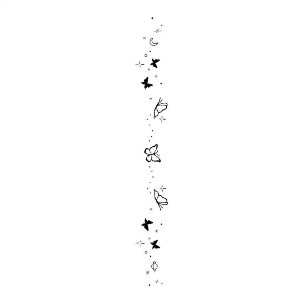 Whimsical Butterfly & Cosmos Line tattoo sticker with alternating solid and outlined celestial elements