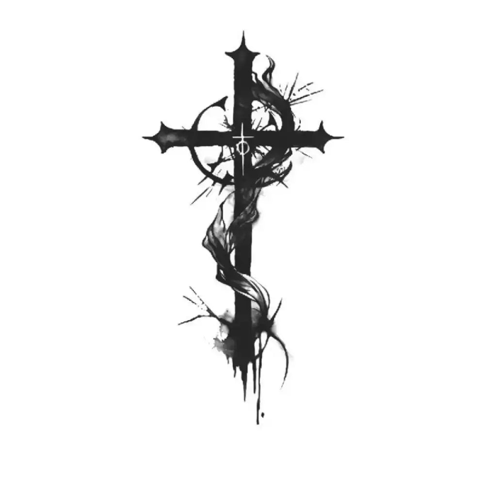 Stylized ink-drip cross halo tattoo sticker with smoky design