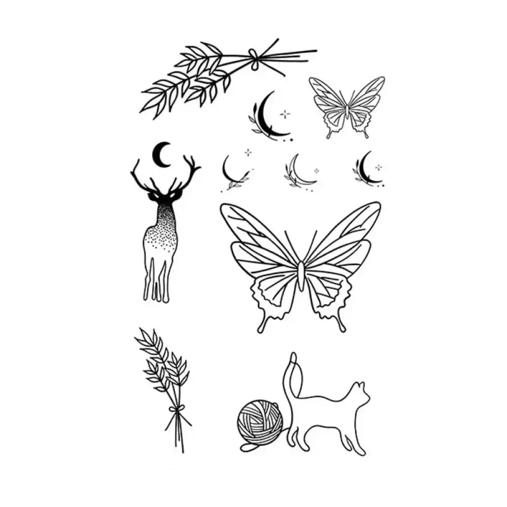 Small tattoo sticker bundle with line art nature, celestial, and animal motifs