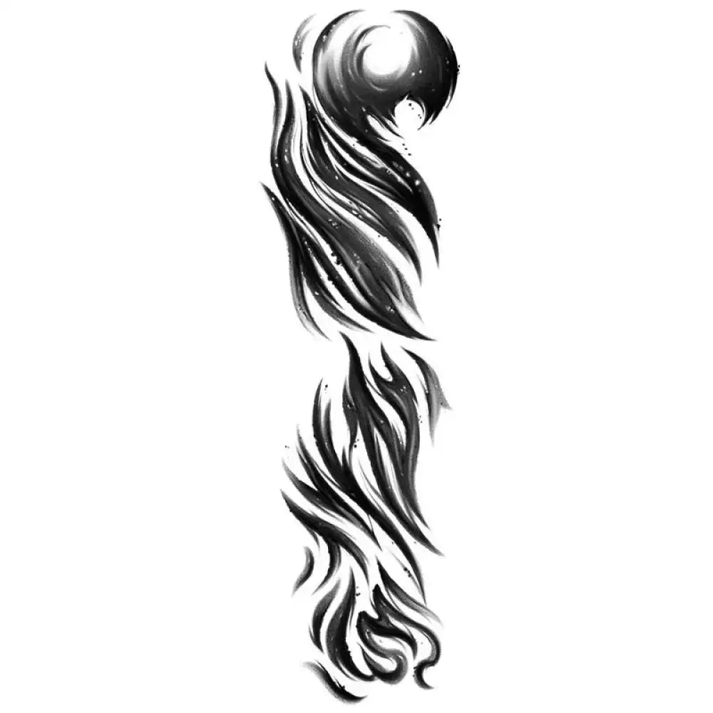 Black and white abstract tattoo sleeve design with swirling brushstrokes and moon