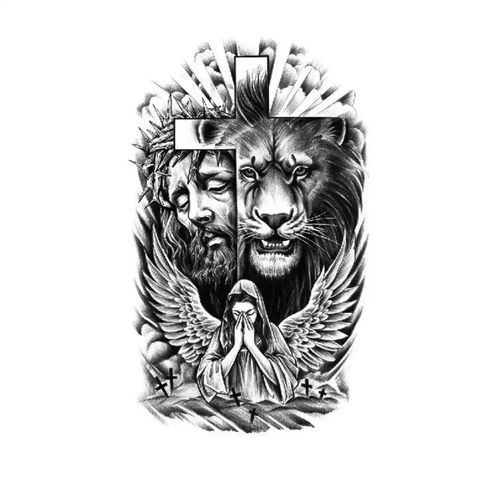 Black and white Jesus lion praying angel tattoo design sticker