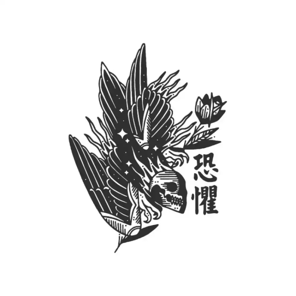 Fear Raven & Skull winged skull tattoo design with rose and Japanese characters
