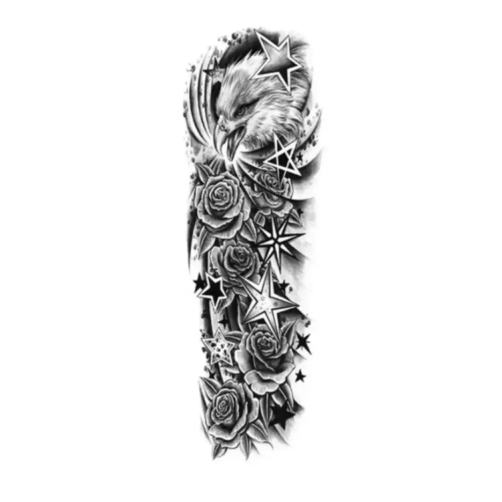 Black and white eagle tattoo design with roses and stars for full sleeve