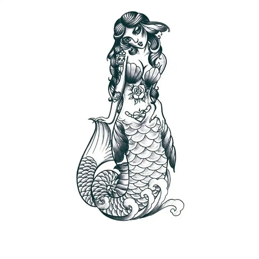 Black and white mermaid sketch with skull rose tattoo designs